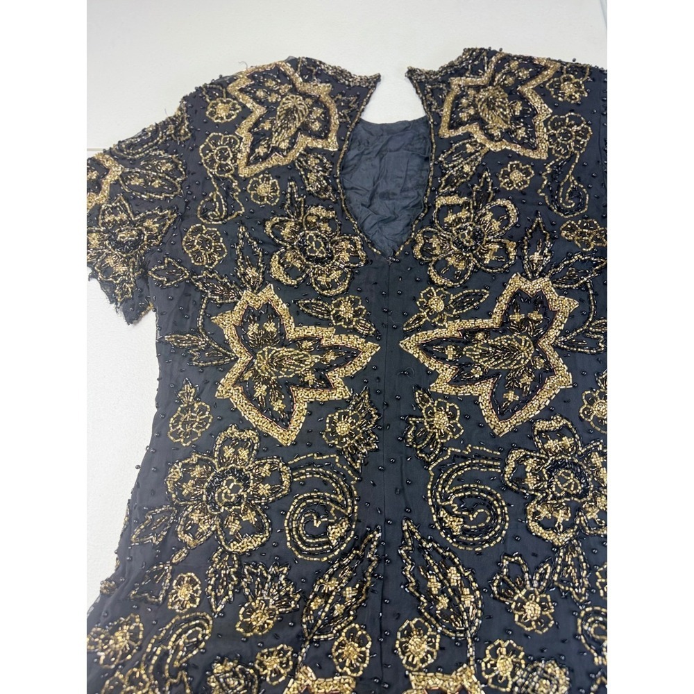 Black Tie Beaded Dress Size 10 Gold Flowers Vintage Cocktail‎ Party - Picture 7 of 11